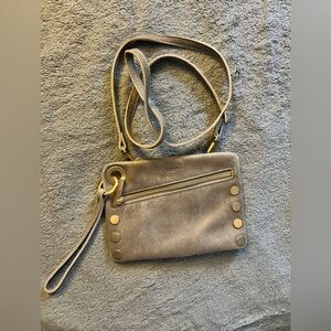 Hammitt cross body convertible bag. Taupe leather with bronze satin finish